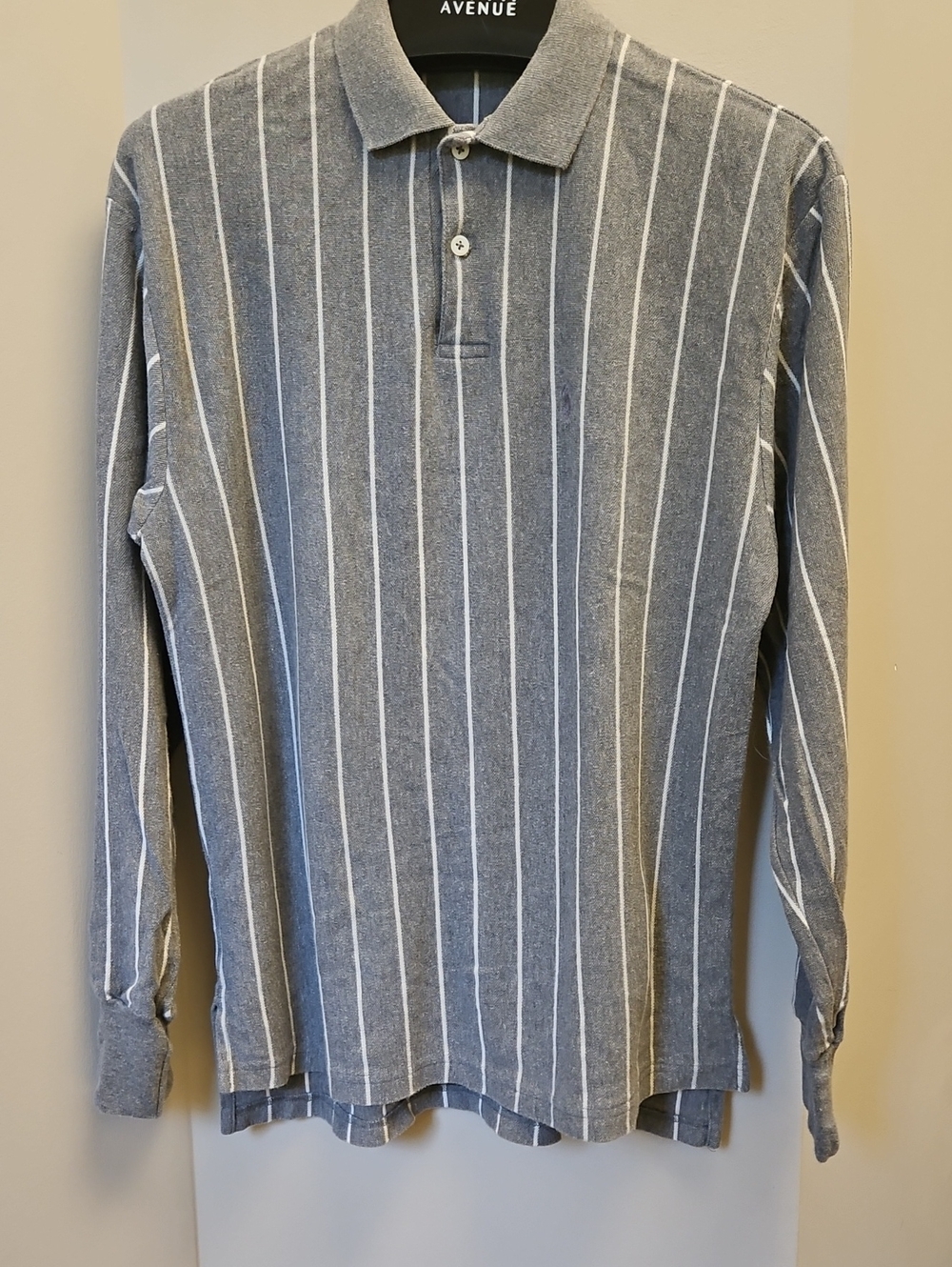 Vintage Ralph Lauren Grey and White Stripe Long Sleeve Polo Shirt